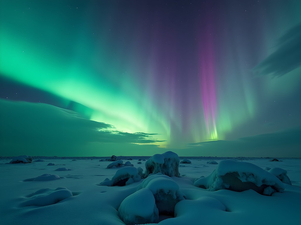 Northern Lights dancing over frozen Arctic Ocean in Barrow