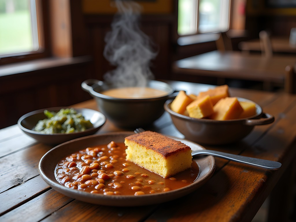 Traditional Appalachian meal with cornbread, beans, and local vegetables in Beckley restaurant