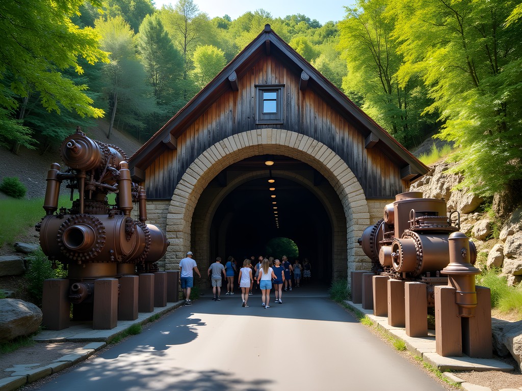 Historic entrance to Beckley Exhibition Coal Mine with vintage mining equipment