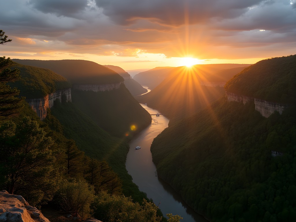 Panoramic sunset view of New River Gorge from Grandview overlook