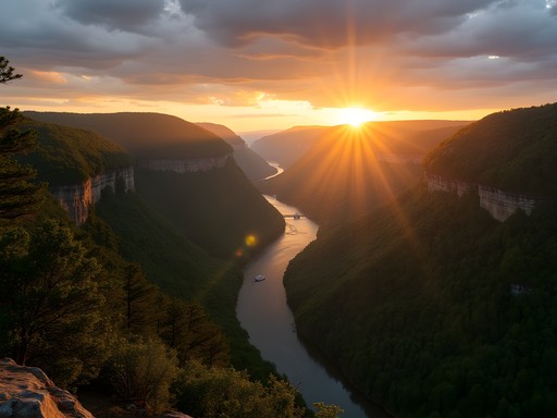 Panoramic sunset view of New River Gorge from Grandview overlook