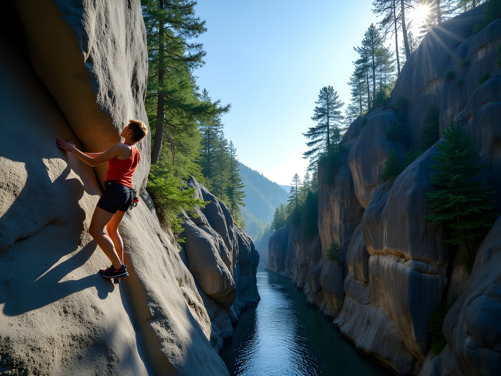 Rock climber tackling limestone boulder problems in Baihe Canyon near Beijing
