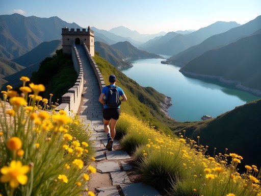 Trail runner on the Huanghuacheng section of Great Wall with reservoir views