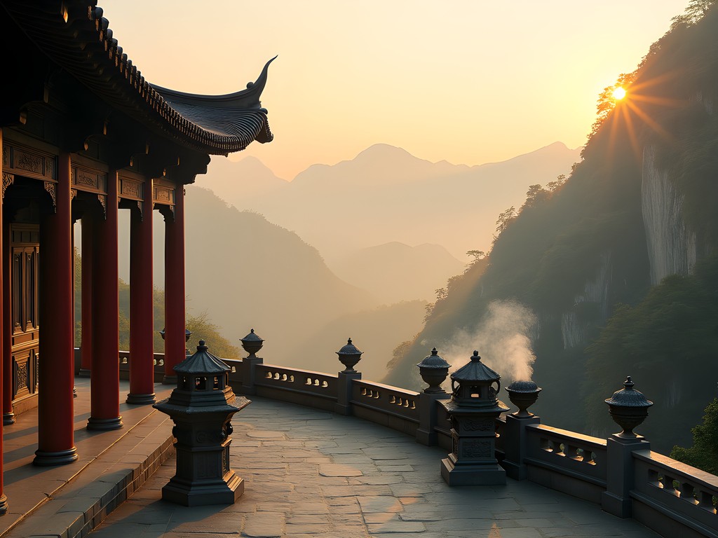 Ancient temple complex at the summit of Miaofengshan Mountain near Beijing at sunrise