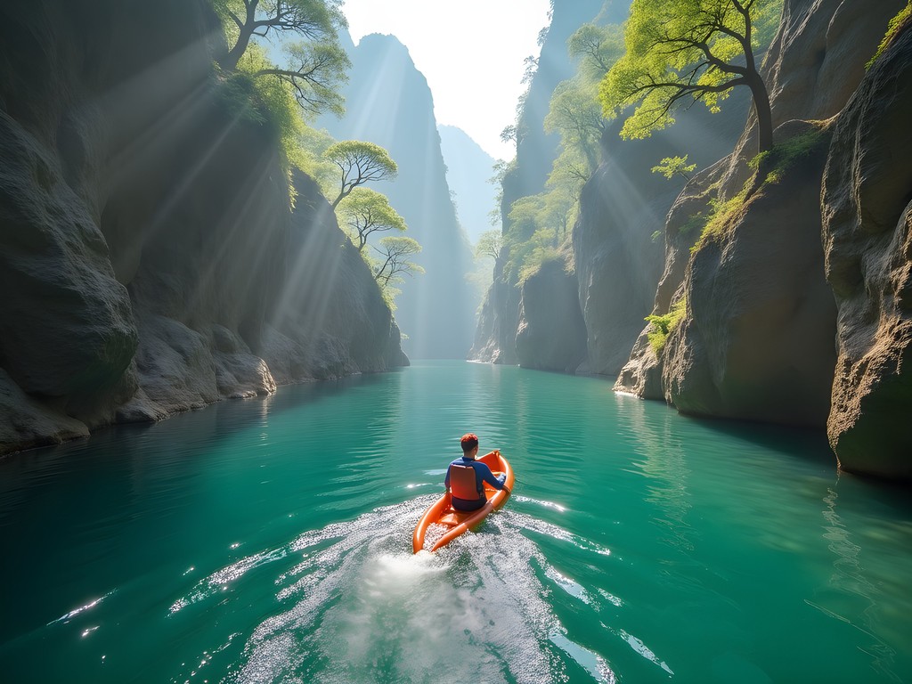 Canyoning through emerald waters surrounded by karst mountains at Shidu Nature Park near Beijing