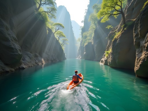 Canyoning through emerald waters surrounded by karst mountains at Shidu Nature Park near Beijing