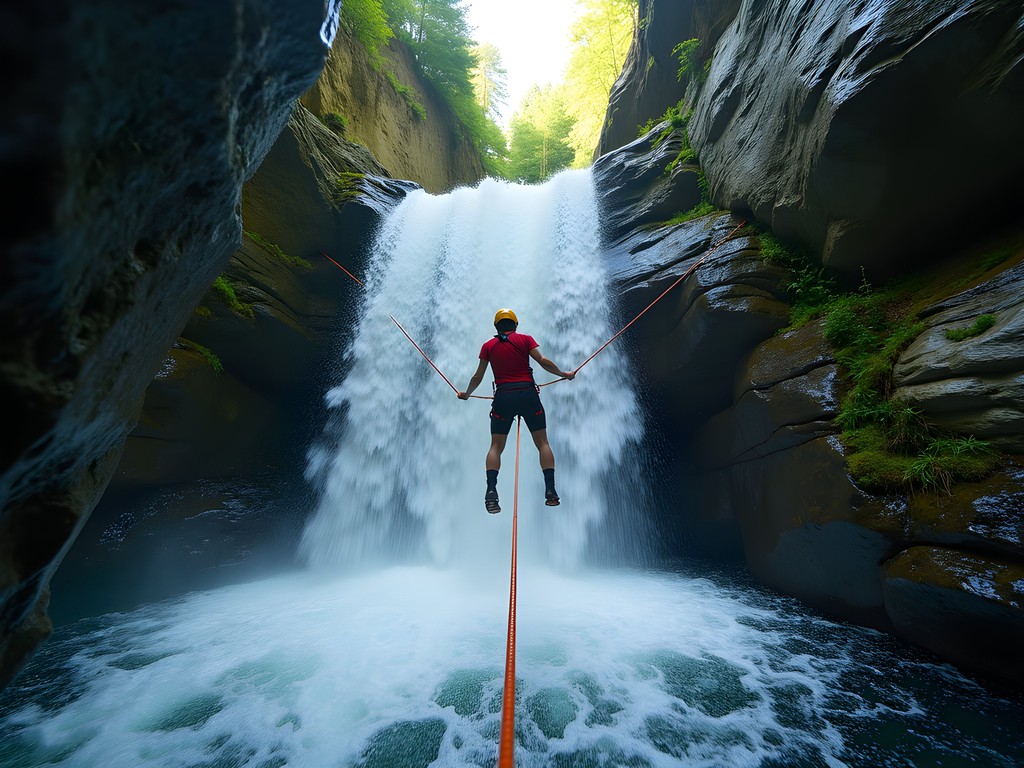 Rappelling down a waterfall while canyoning in Aurlandsdalen canyon in Norway