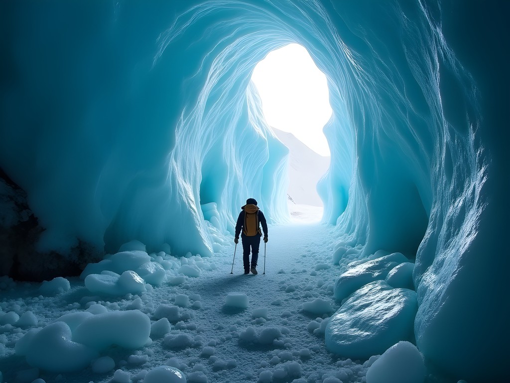 Exploring blue ice caves in Folgefonna Glacier in Norway during summer