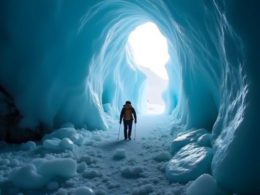 Exploring blue ice caves in Folgefonna Glacier in Norway during summer
