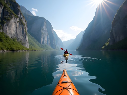Sea kayaking through Nærøyfjord with towering cliffs and waterfalls in Norway