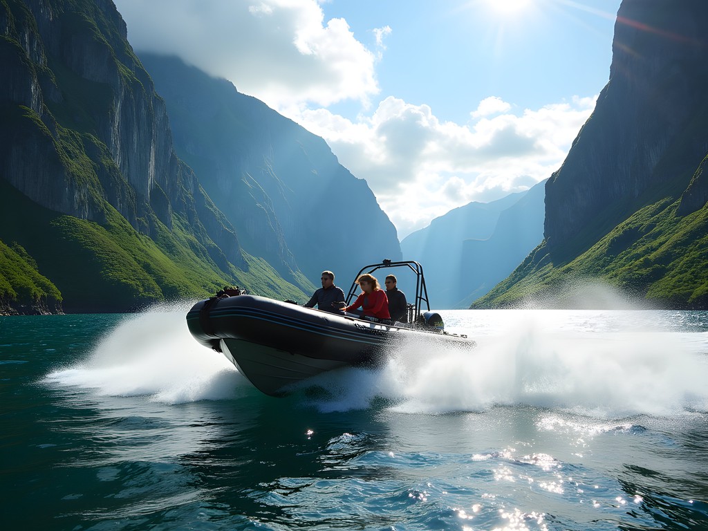 High-speed RIB boat safari through narrow Norwegian fjords near Bergen