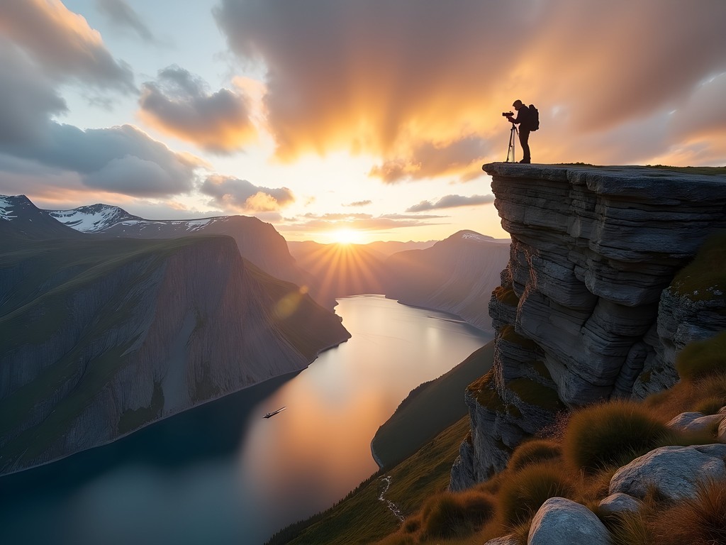 Photographer capturing sunrise at Trolltunga rock formation in Norway