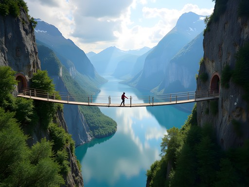 Crossing the 160-meter via ferrata bridge in Flåm with fjord views below
