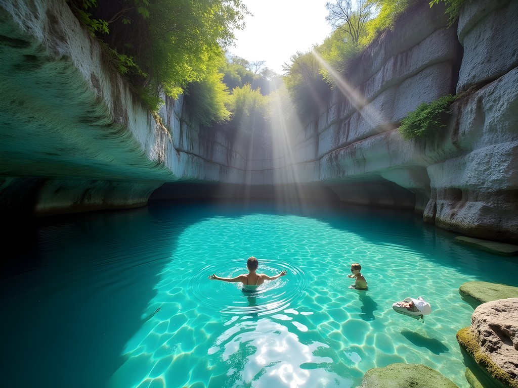 Crystal clear waters of Bermuda's Blue Hole with natural swimming platforms