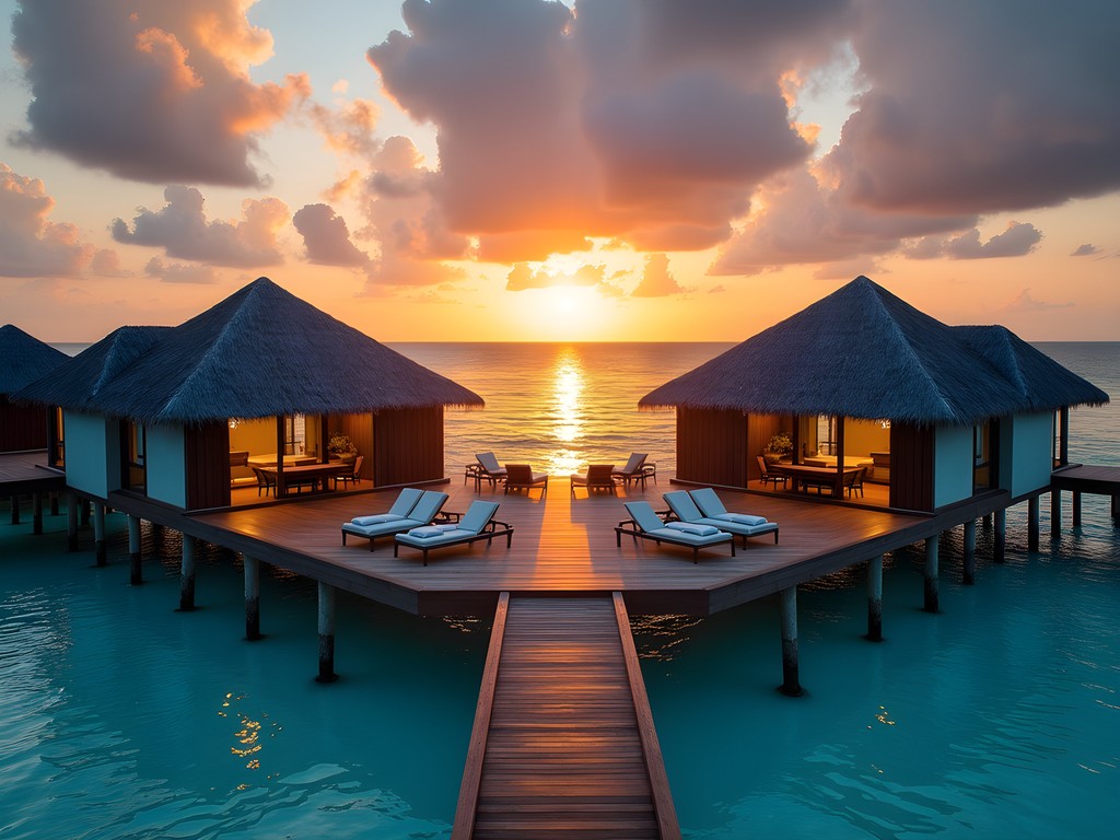 Overwater villa with private deck in Palawan, Philippines at sunset