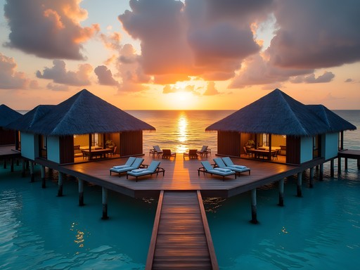 Overwater villa with private deck in Palawan, Philippines at sunset