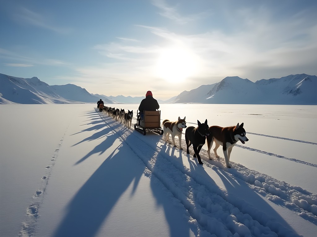 Dog sledding team crossing snow-covered tundra near Bethel, Alaska