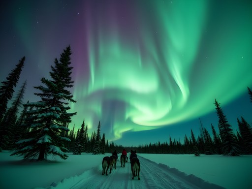Vibrant green and purple Northern Lights display over snowy landscape near Bethel, Alaska