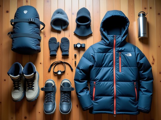 Essential winter gear laid out for Bethel Alaska adventure including extreme cold weather clothing and equipment