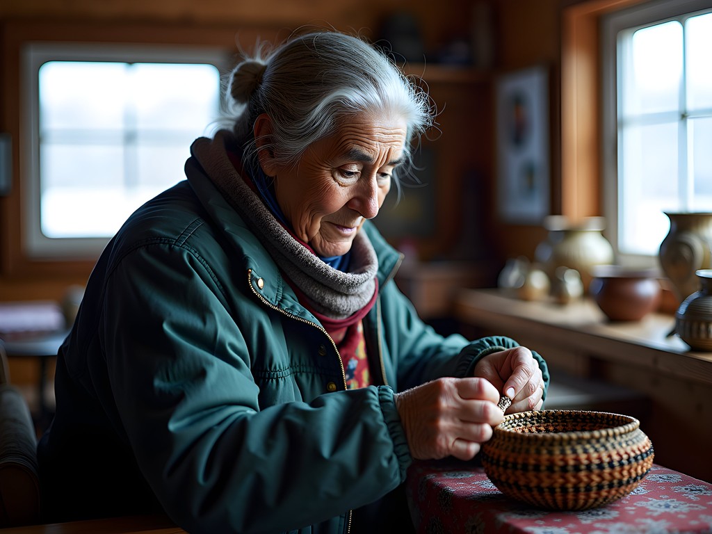Yup'ik elder demonstrating traditional crafts at cultural center in Bethel, Alaska