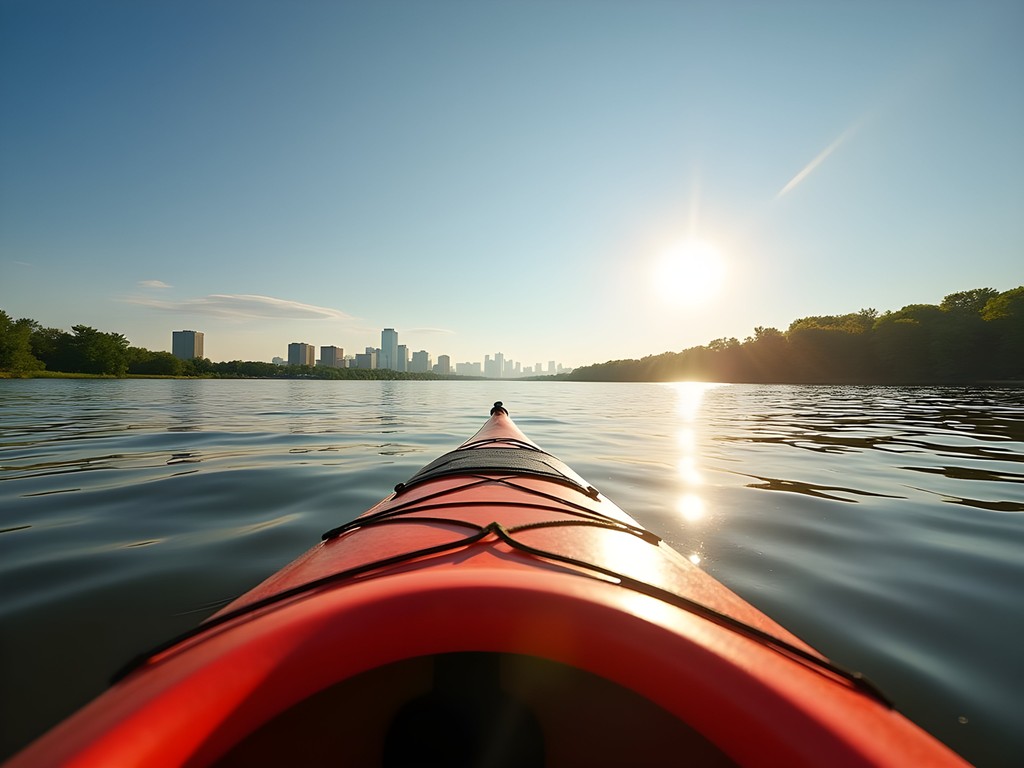 Woman kayaking on the Missouri River with Bismarck skyline in the distance