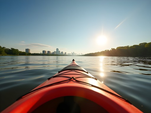 Woman kayaking on the Missouri River with Bismarck skyline in the distance