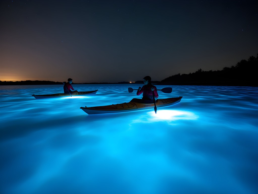 Kayakers experiencing magical blue bioluminescence in Block Island's Great Salt Pond at night