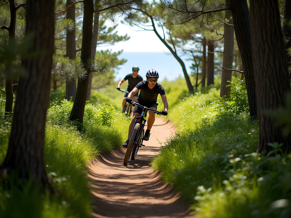 Mountain bikers navigating technical trails through Block Island's interior forest preserves