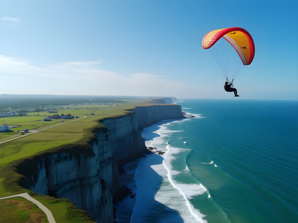 Paragliders soaring above the dramatic Mohegan Bluffs coastline on Block Island