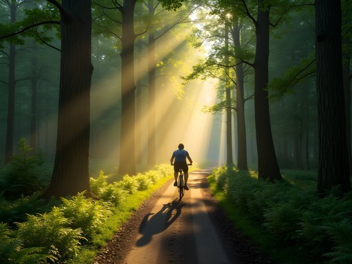 Cyclist on forest path through Almindingen with dappled sunlight filtering through beech trees