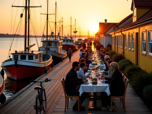Outdoor dining at sunset in Gudhjem harbor with colorful fishing boats and cyclists enjoying local cuisine