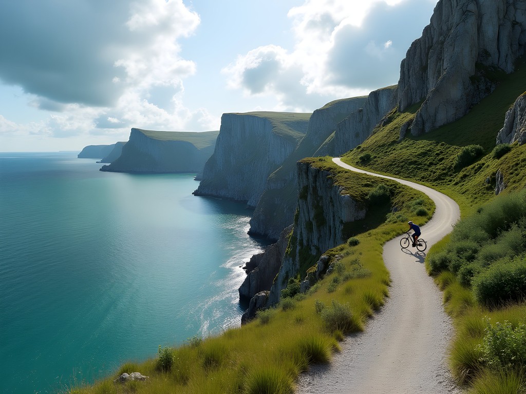 Dramatic rocky coastline of northern Bornholm near Hammeren with cycling path