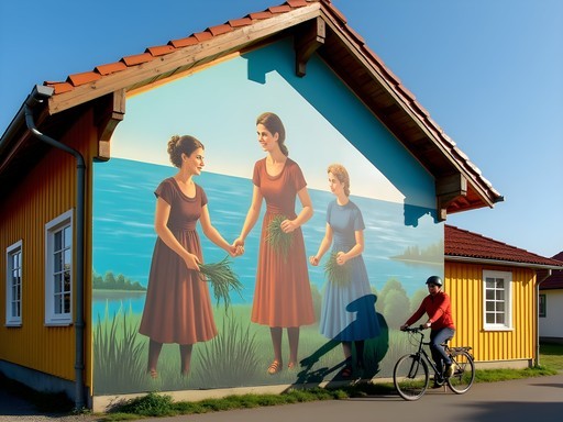 Colorful mural in Svaneke depicting traditional medicinal plant gathering