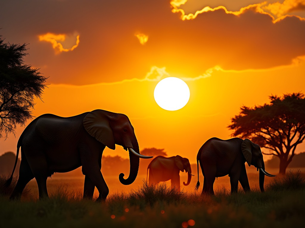 Forest elephants silhouetted against golden sunset in Lefini Wildlife Reserve near Brazzaville