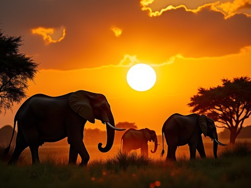 Forest elephants silhouetted against golden sunset in Lefini Wildlife Reserve near Brazzaville