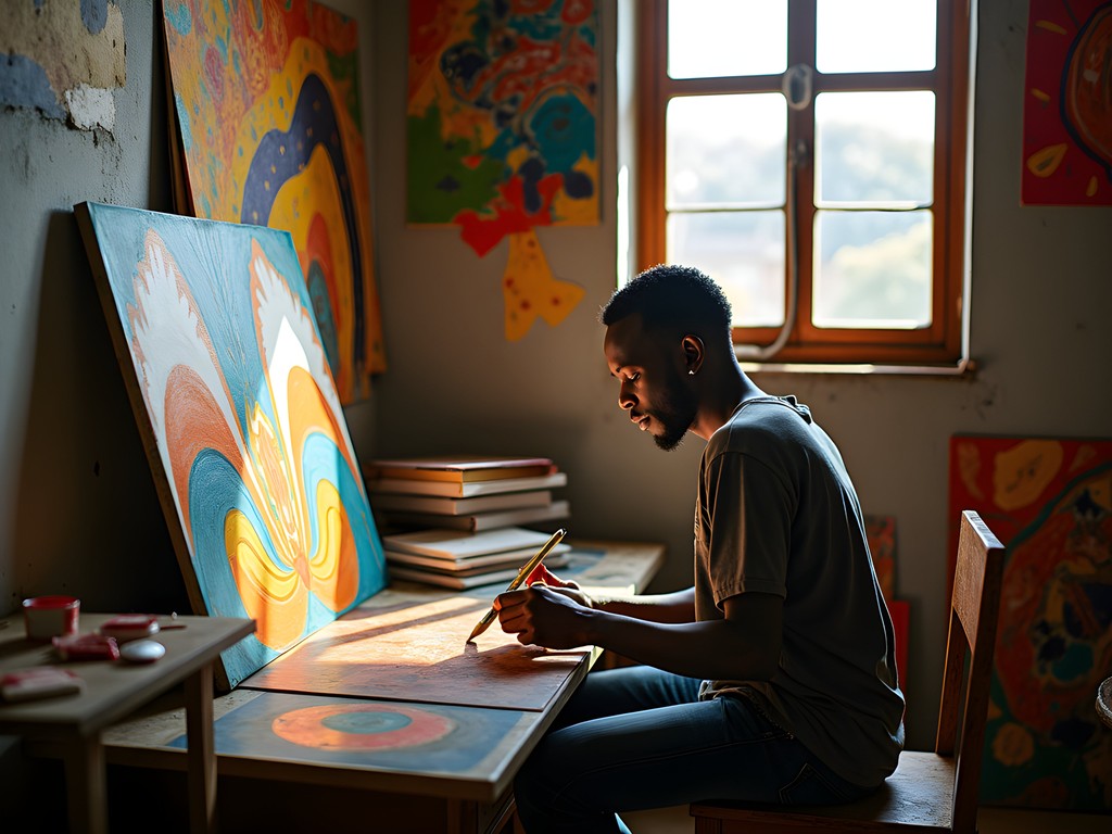 Artist working in traditional studio in Poto-Poto art district, Brazzaville