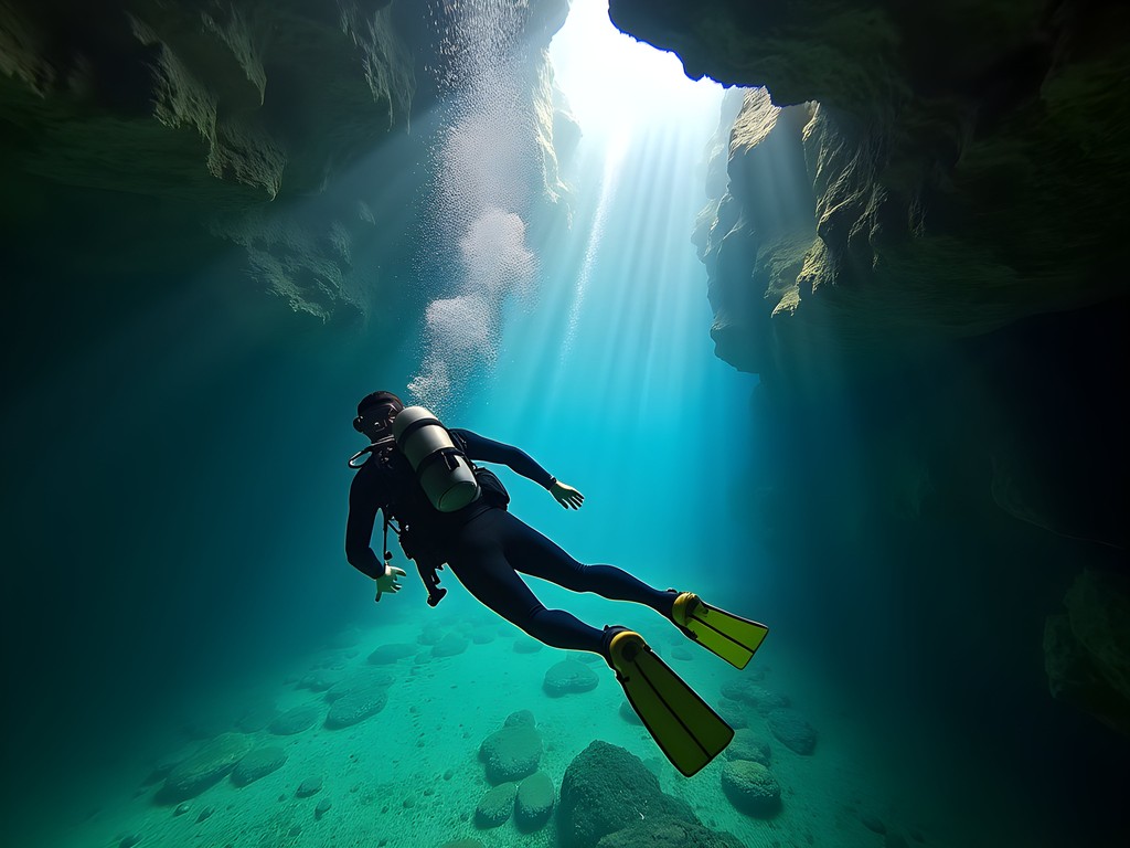Cave diver in crystal clear thermal waters of Molnár János Cave