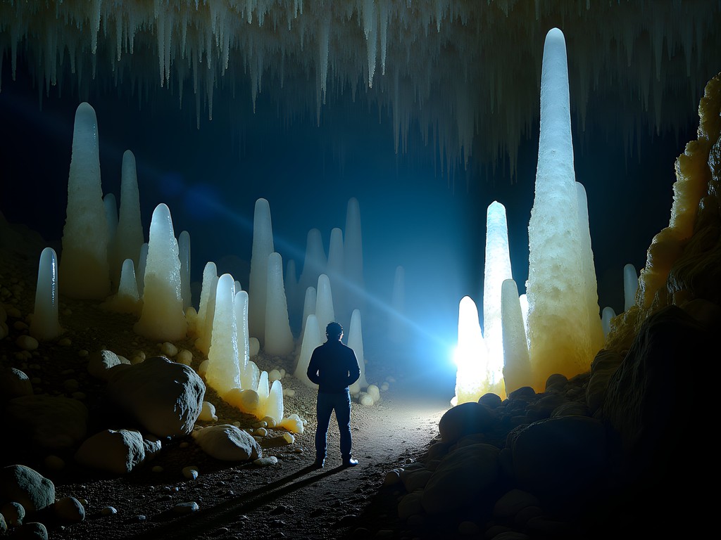 Crystal formations in Pálvölgyi Cave illuminated by headlamp