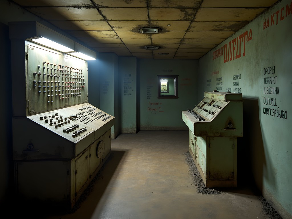 Abandoned Soviet-era bunker beneath Budapest with control panels and Cyrillic writing