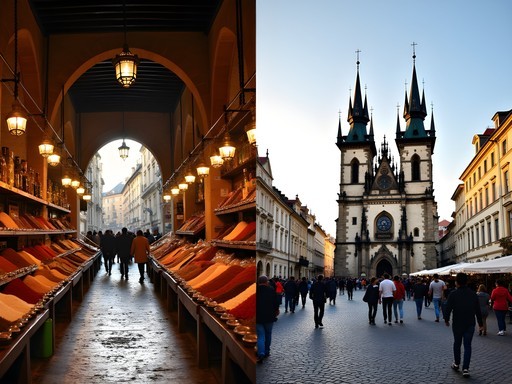 Split image showing contrast between Cairo marketplace and Prague square