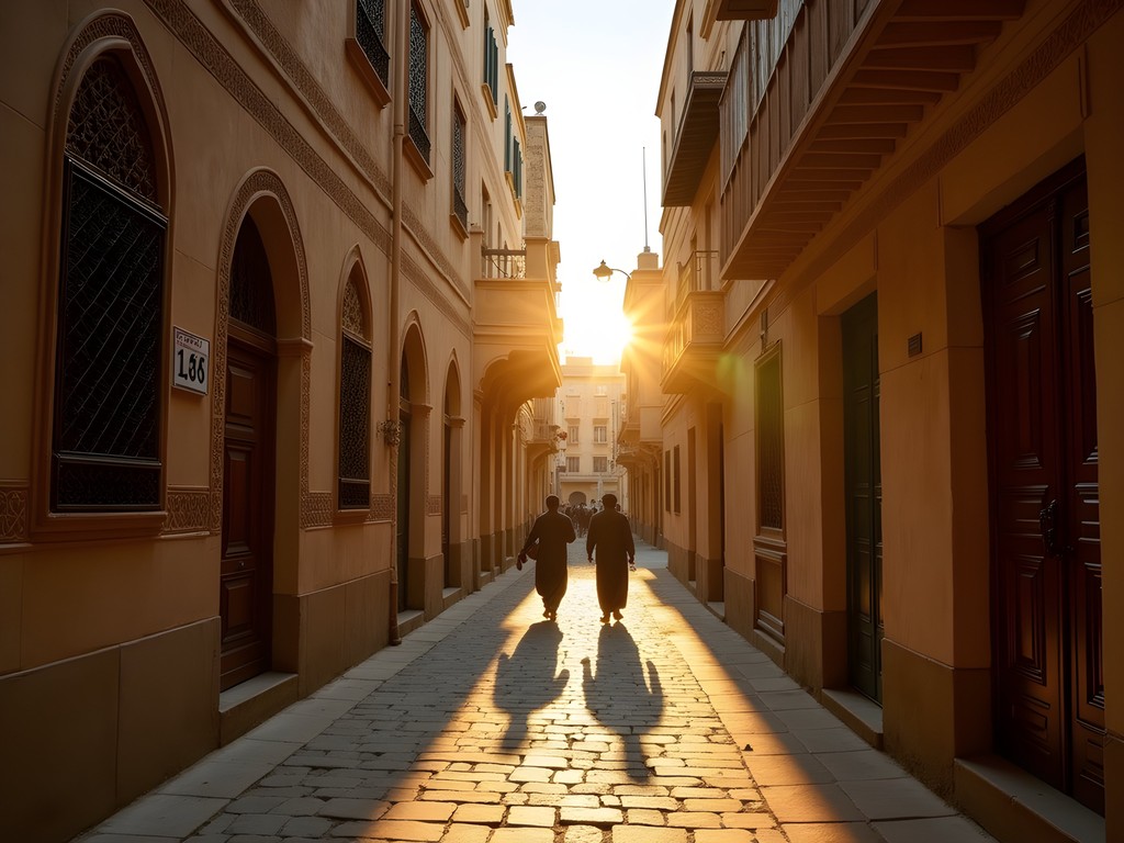 Golden light illuminating a narrow alleyway in Islamic Cairo