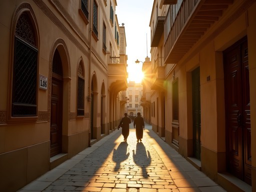 Golden light illuminating a narrow alleyway in Islamic Cairo