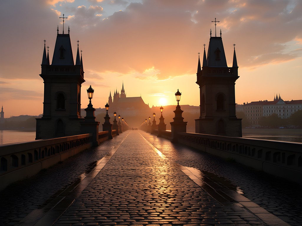 Misty dawn light on Charles Bridge in Prague