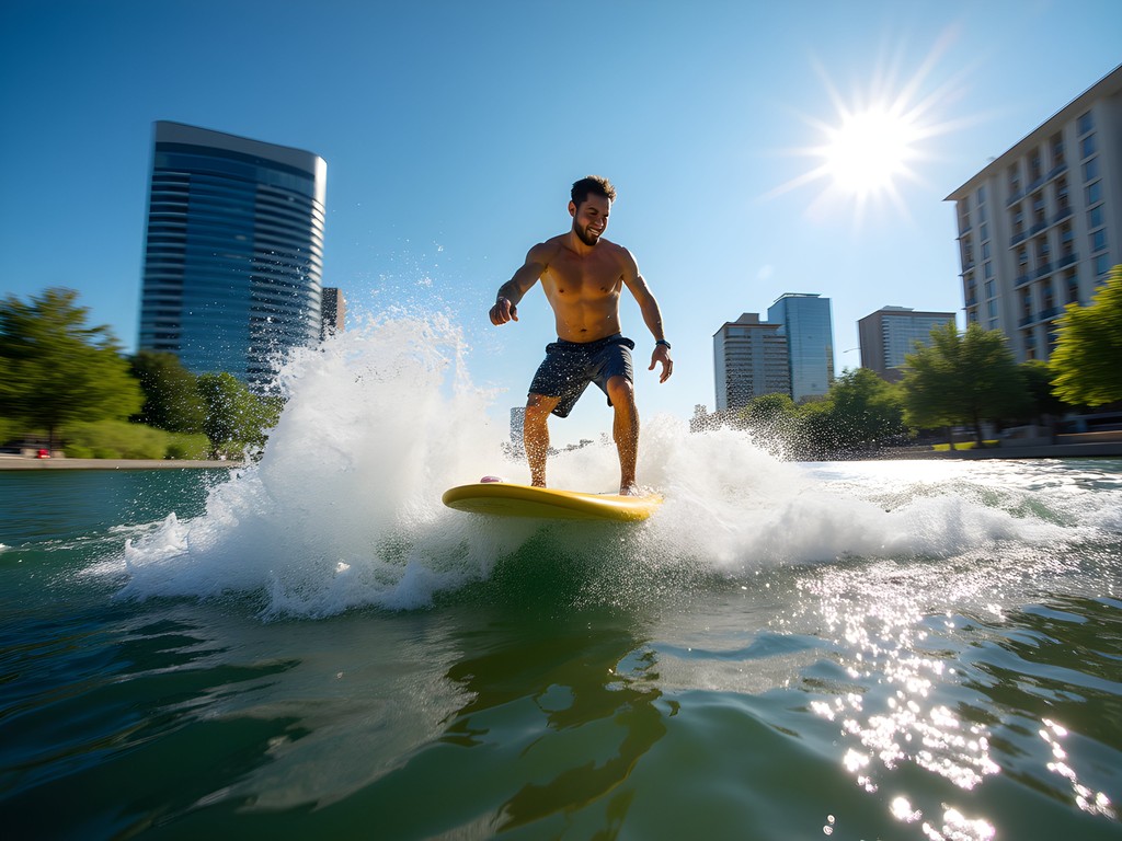 River surfer riding the standing wave on Bow River with Calgary skyline