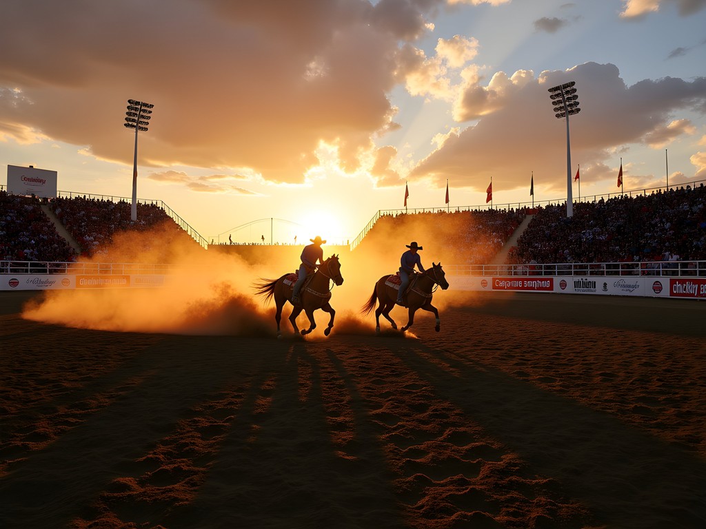 Calgary Stampede grandstand at sunset with chuckwagon races in progress