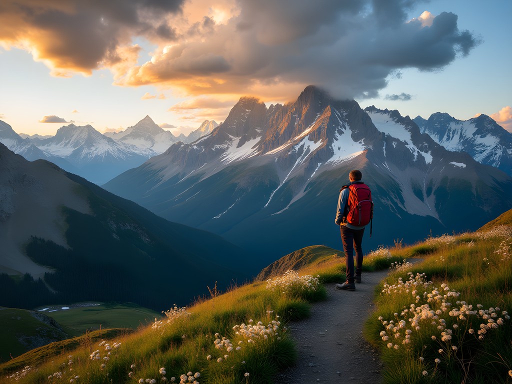 Hiker on Pocaterra Ridge with panoramic mountain views in Kananaskis Country