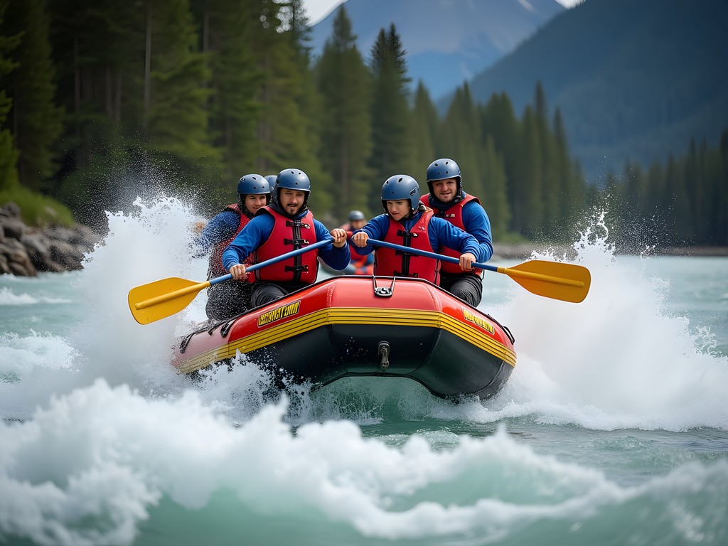 Whitewater rafting action on Kananaskis River with mountains in background