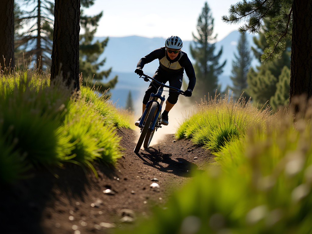 Mountain biker on forest singletrack trail on Moose Mountain near Calgary