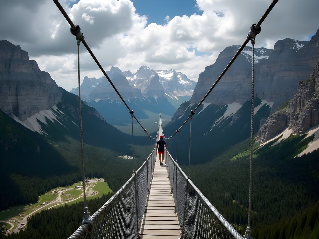 Climber crossing suspension bridge on Mt Norquay via ferrata with valley views