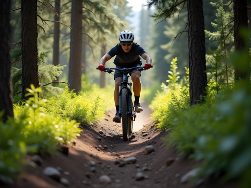 Mountain biker navigating technical singletrack trail through forest in Bragg Creek near Calgary